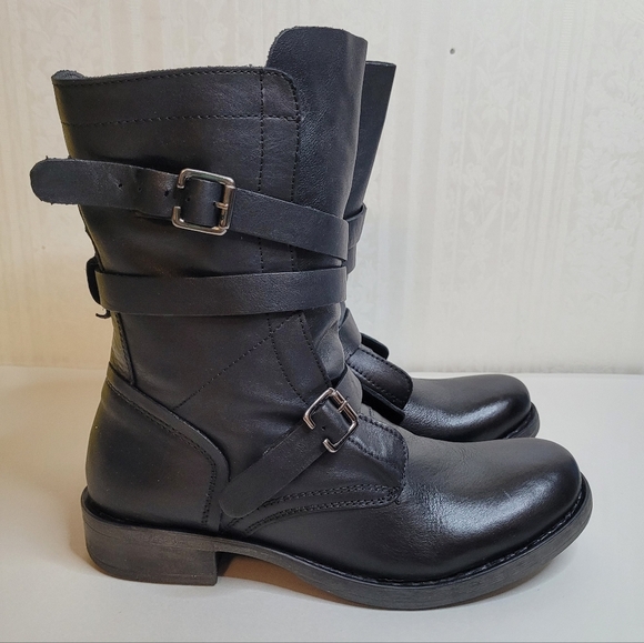 Diba Jet Way Moto Boots Womens 6 Black Leather Buckle Zip New - Picture 2 of 10